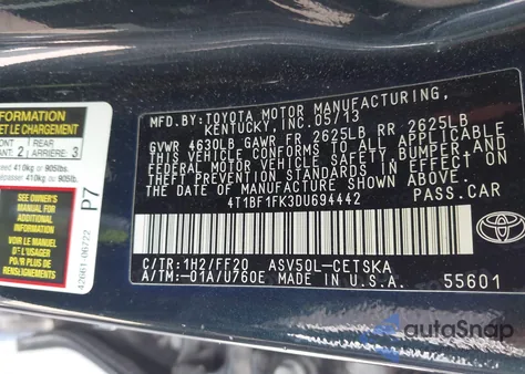 2013 Toyota Camry Se from USA, damaged, VIN 4T1BF1FK3DU694442